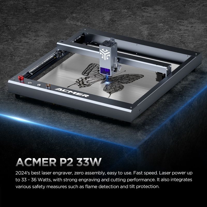 ACMER P2 33W 레이저 graver 절단 기계, 나무 데스크톱 레이저 graver 및 절단자 고속 30000mm/min